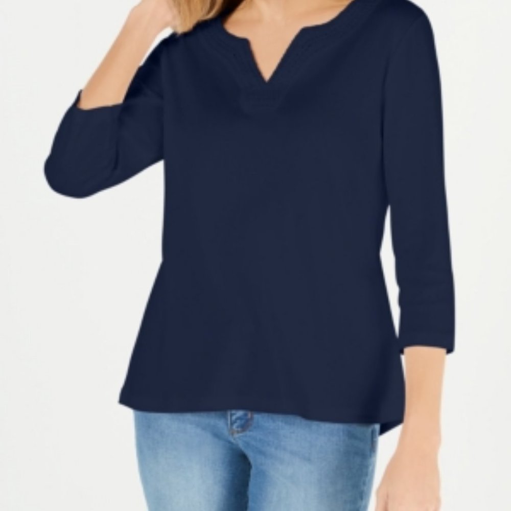 Karen Scott Cotton Crochet-Trim Split-Neck Top